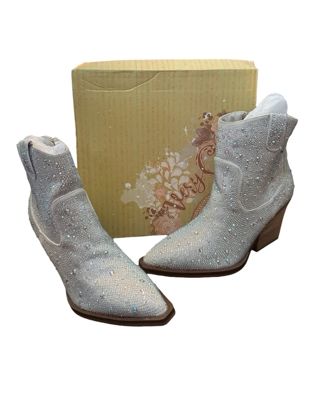 Very G Kady Silver Rhinestone Western Ankle Boots Women’s Size 10 NIB